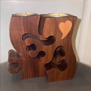 Gunnar Kanevad Swedish Carved Wood Heart Puzzle Double Tealight Holder, Rare